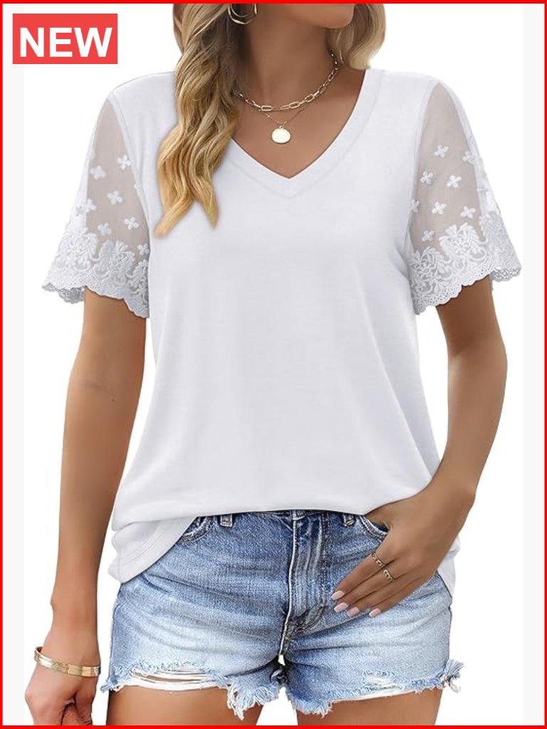 Women's V Neck Lace Short Sleeve Tee Curved Hem Loose Fit Top